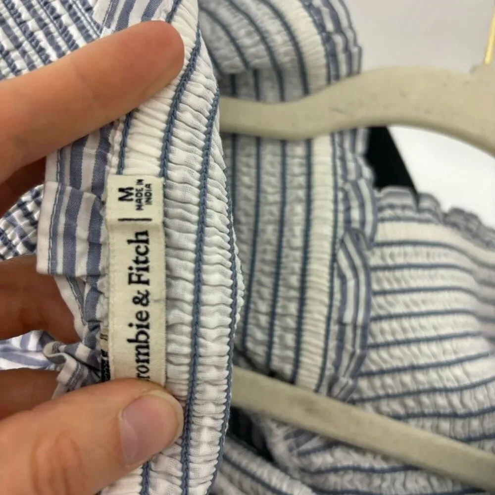 Abercrombie & Fitch Light Blue & White Striped Smocked V Neck Puff Sleeve Top M